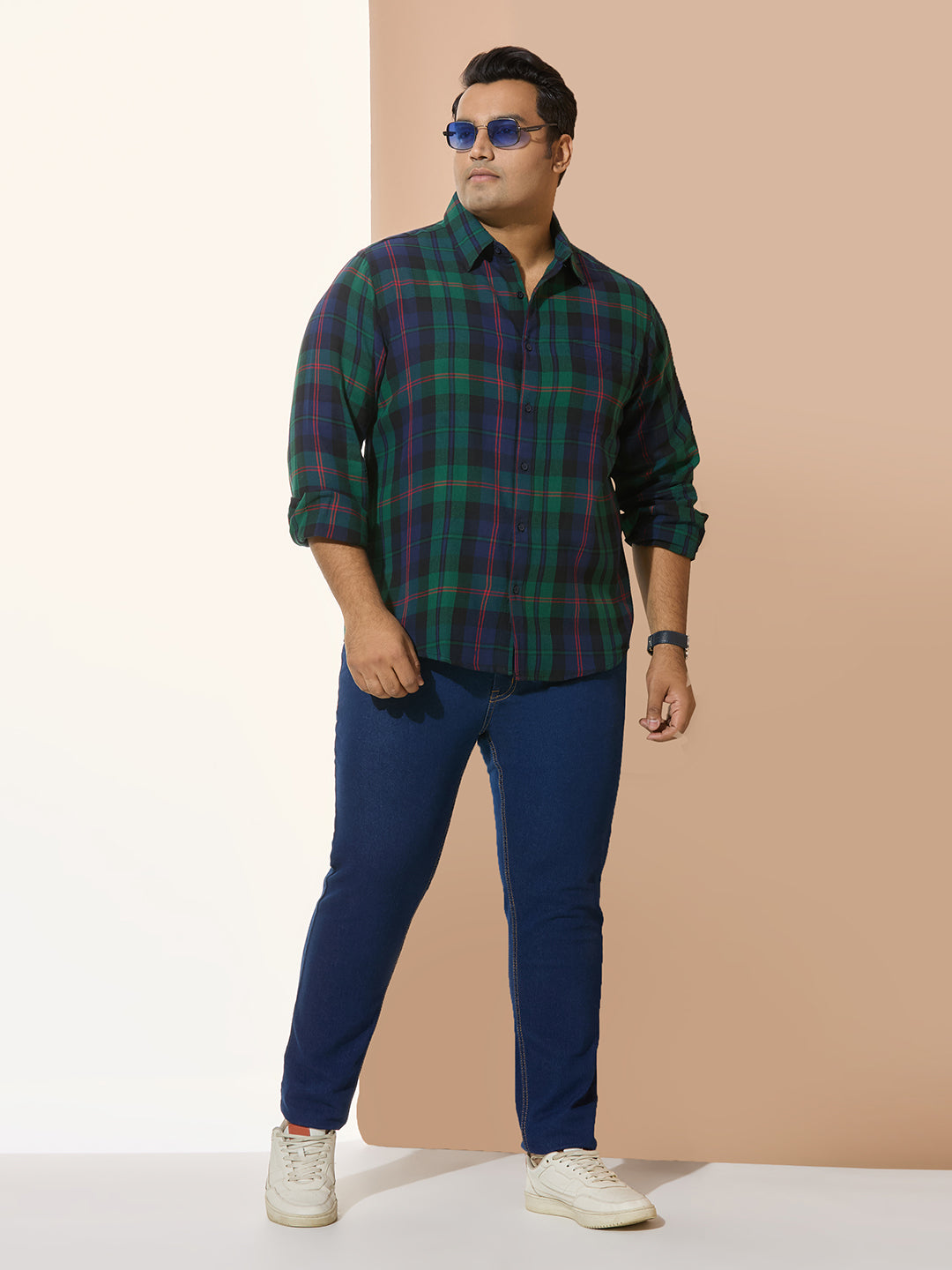 Men Cotton Checks 1 Pocket Regular Fit Smart Casual Shirt - Green