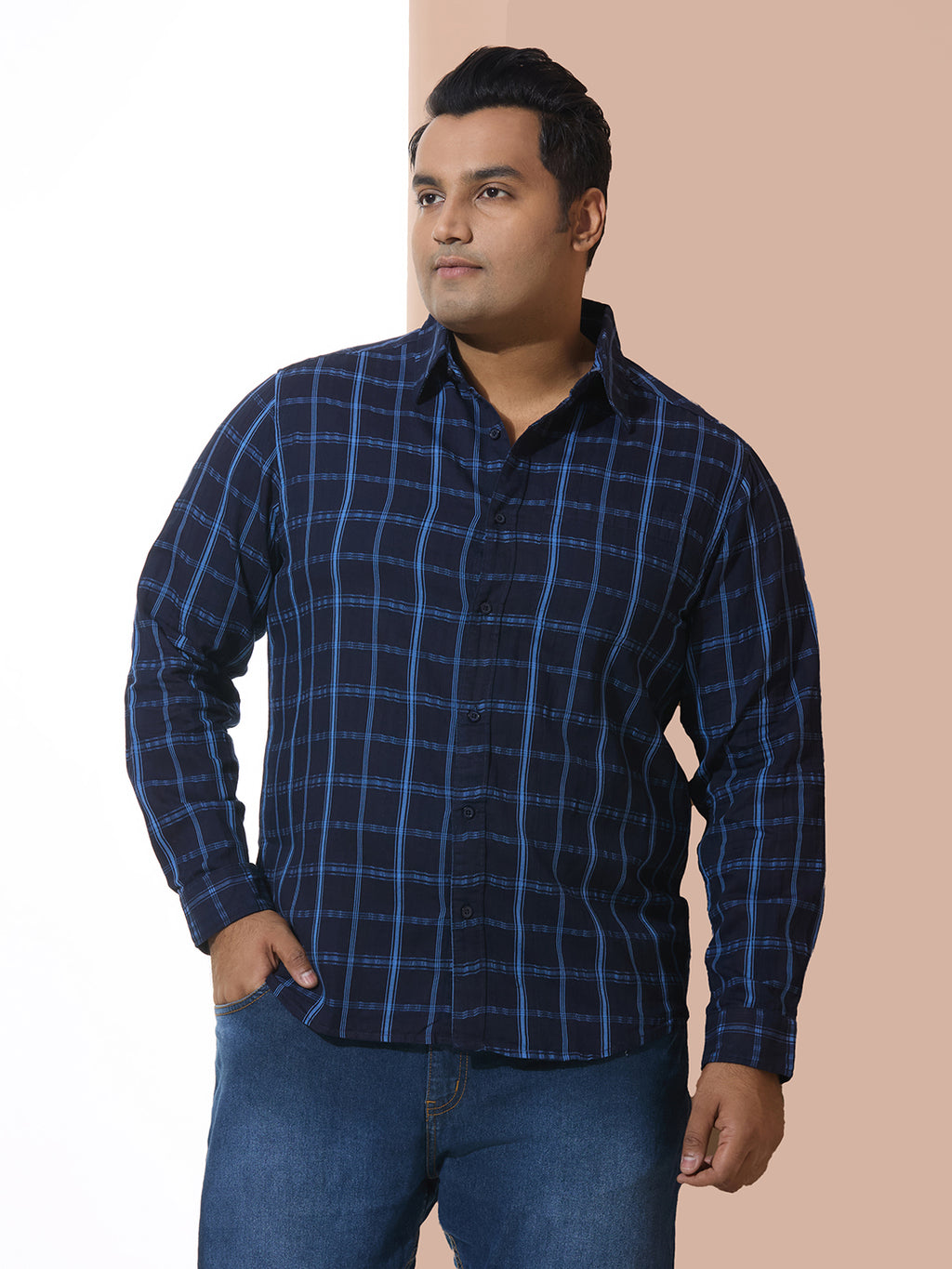 Men Cotton Checks 1 Pocket Regular Fit Smart Casual Shirt - Navy