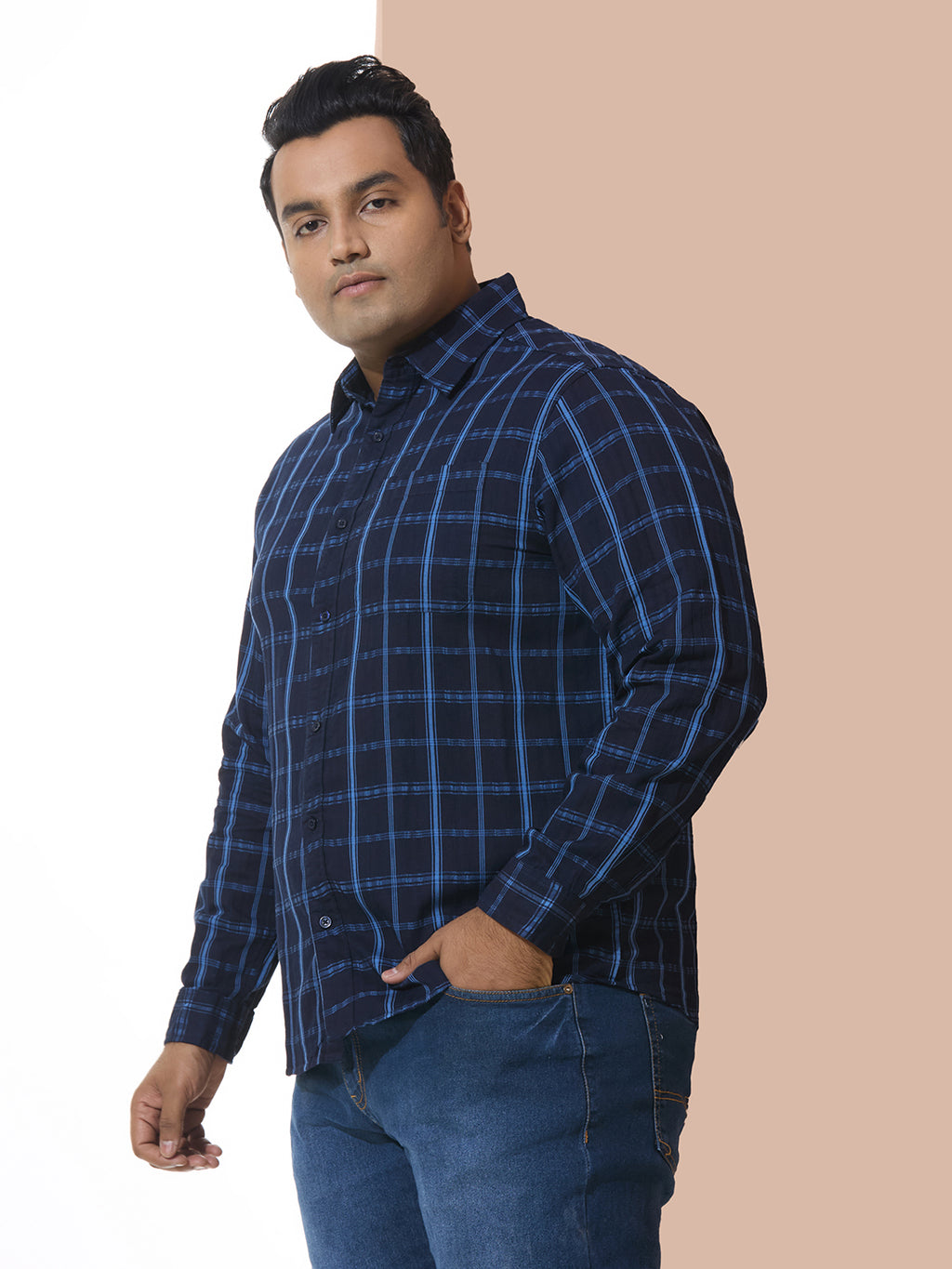 Men Cotton Checks 1 Pocket Regular Fit Smart Casual Shirt - Navy