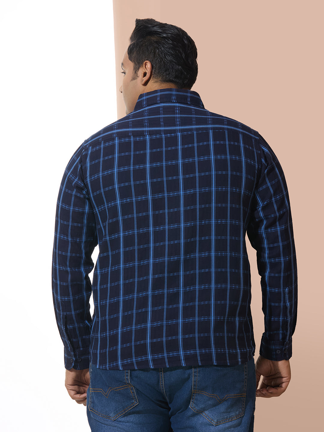 Men Cotton Checks 1 Pocket Regular Fit Smart Casual Shirt - Navy