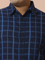 Men Cotton Checks 1 Pocket Regular Fit Smart Casual Shirt - Navy