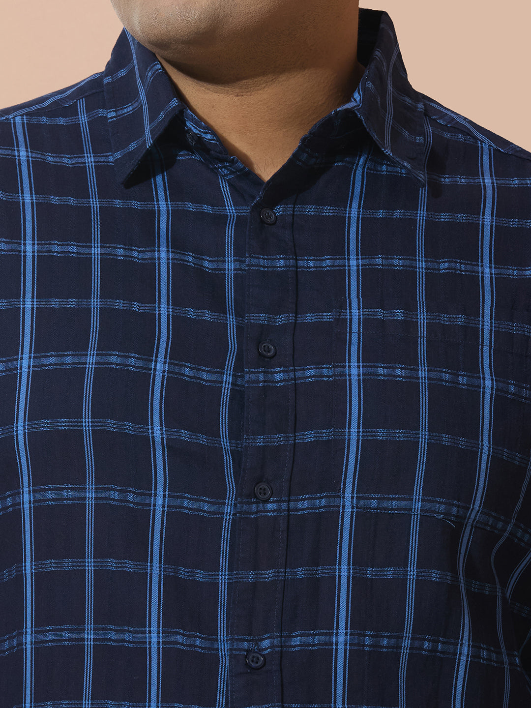 Men Cotton Checks 1 Pocket Regular Fit Smart Casual Shirt - Navy