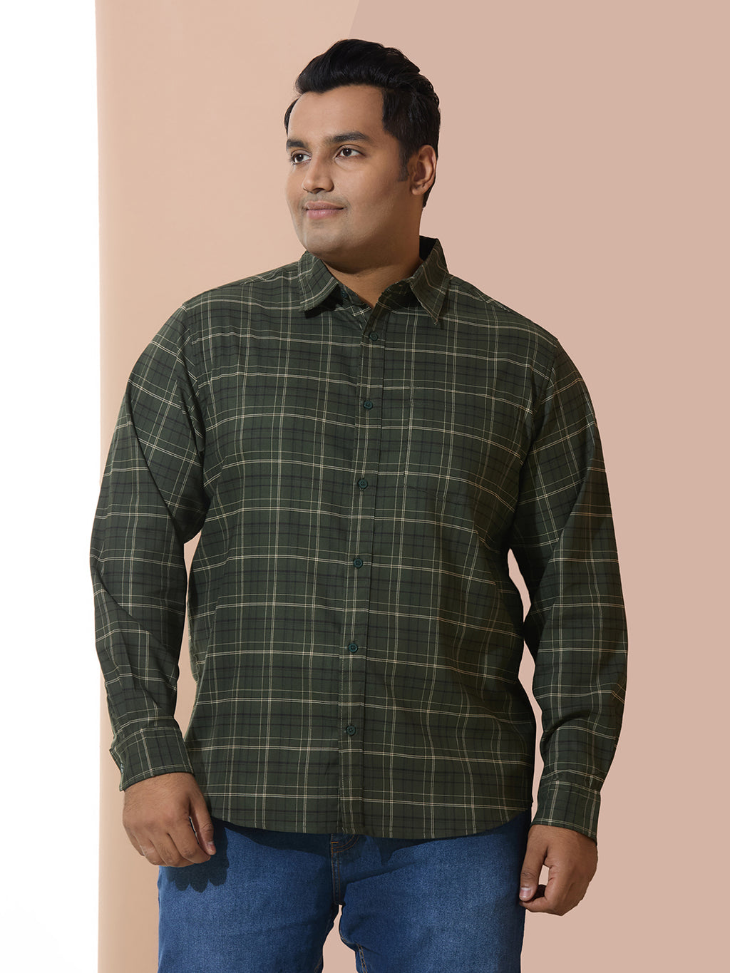 Men Cotton Checks 1 Pocket Regular Fit Smart Casual Shirt - Green