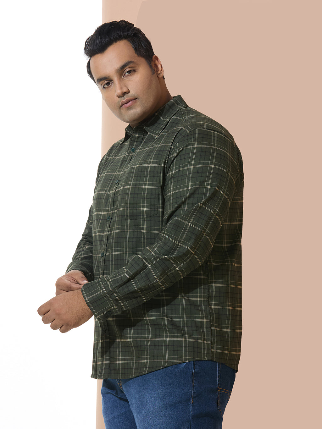 Men Cotton Checks 1 Pocket Regular Fit Smart Casual Shirt - Green