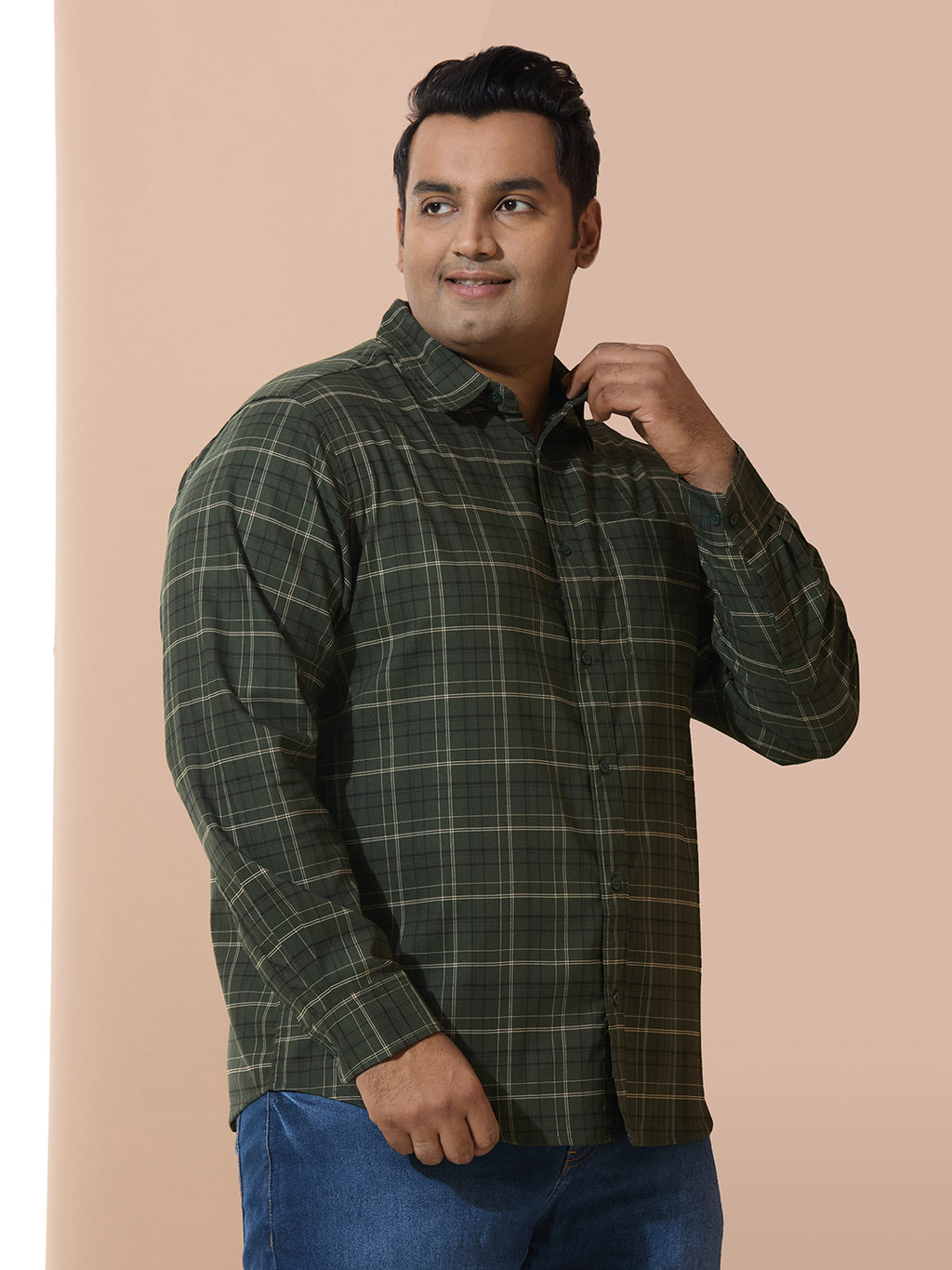 Men Cotton Checks 1 Pocket Regular Fit Smart Casual Shirt - Green