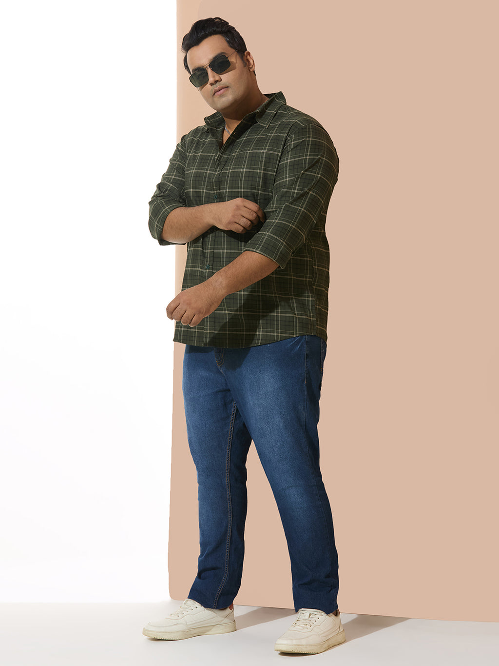 Men Cotton Checks 1 Pocket Regular Fit Smart Casual Shirt - Green