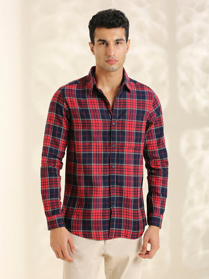 Men Red and Navy Checkered Classic Fit 1 Pocket Smart Casual Shirt