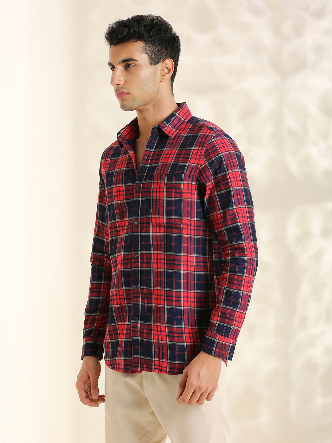 Men Red and Navy Checkered Classic Fit 1 Pocket Smart Casual Shirt