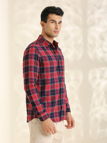 Men Red and Navy Checkered Classic Fit 1 Pocket Smart Casual Shirt