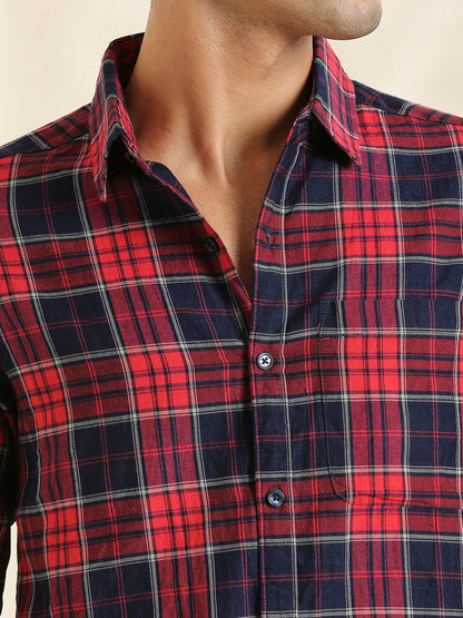Men Red and Navy Checkered Classic Fit 1 Pocket Smart Casual Shirt