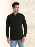 Men Cotton Linen 1 Pocket Solid Color Regular Fit Smart Casual Shirt - Black