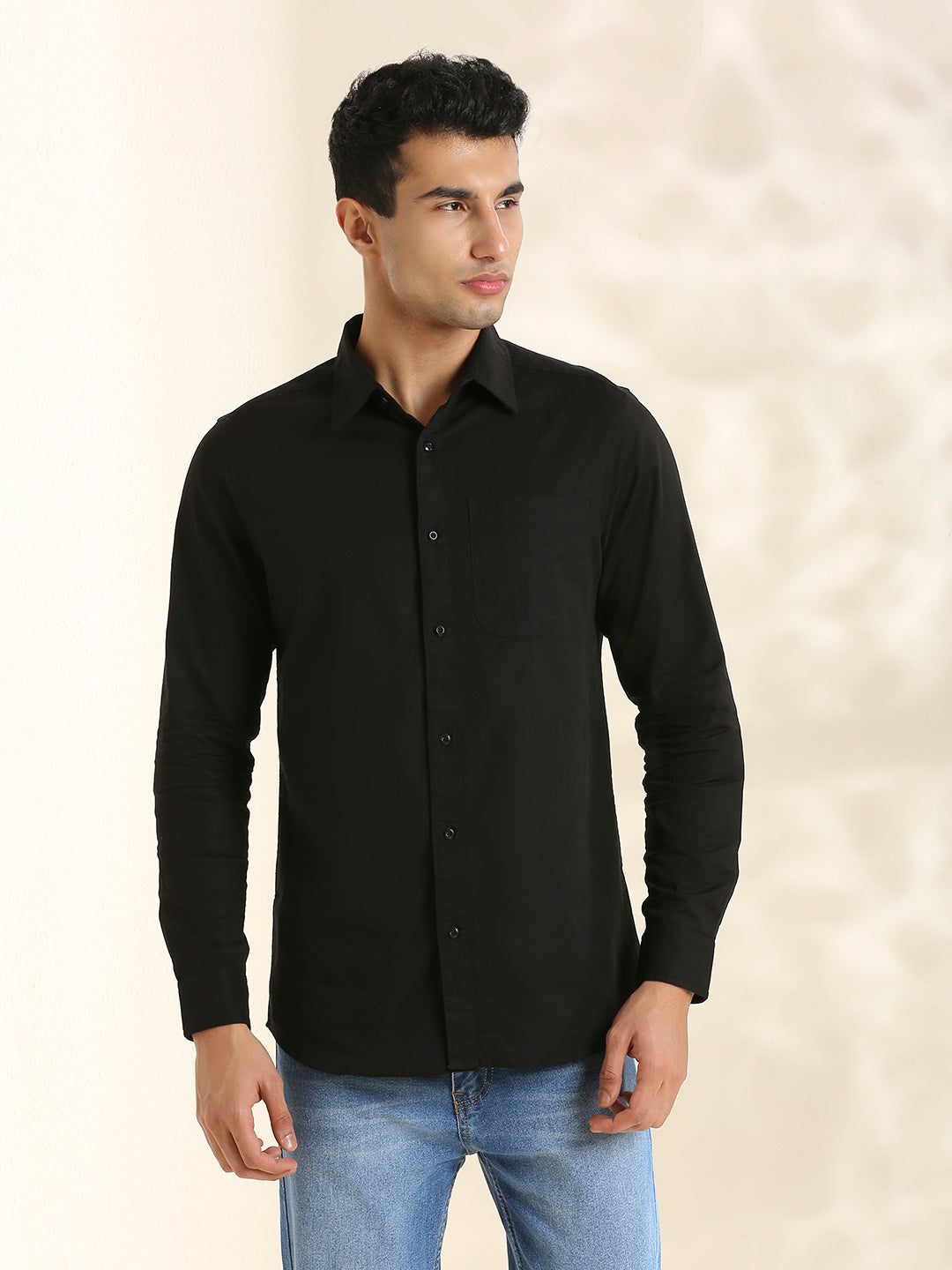 Men Cotton Linen 1 Pocket Solid Color Regular Fit Smart Casual Shirt - Black