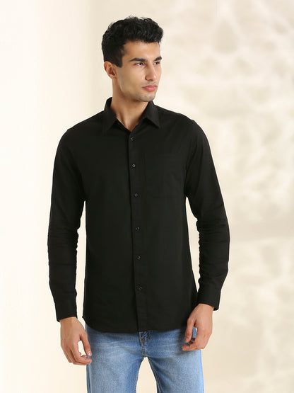Men Cotton Linen 1 Pocket Solid Color Regular Fit Smart Casual Shirt - Black