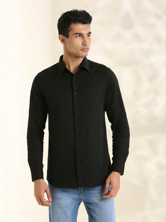 Men Cotton Linen 1 Pocket Solid Color Regular Fit Smart Casual Shirt - Black