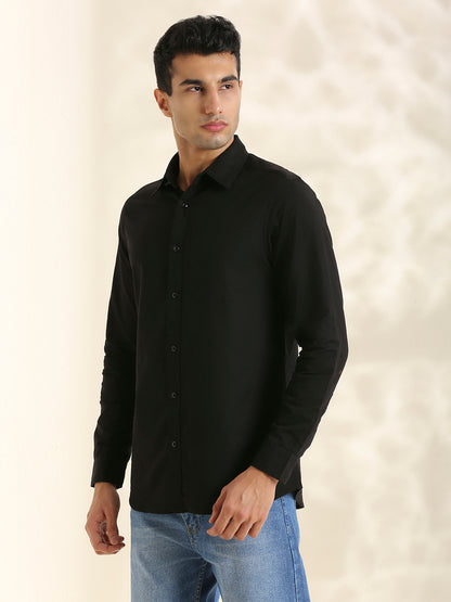 Men Cotton Linen 1 Pocket Solid Color Regular Fit Smart Casual Shirt - Black