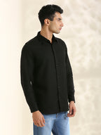 Men Cotton Linen 1 Pocket Solid Color Regular Fit Smart Casual Shirt - Black