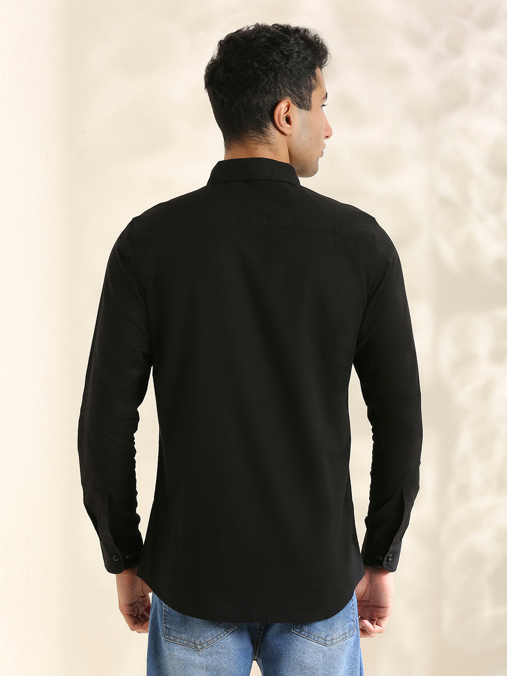 Men Cotton Linen 1 Pocket Solid Color Regular Fit Smart Casual Shirt - Black