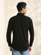 Men Cotton Linen 1 Pocket Solid Color Regular Fit Smart Casual Shirt - Black