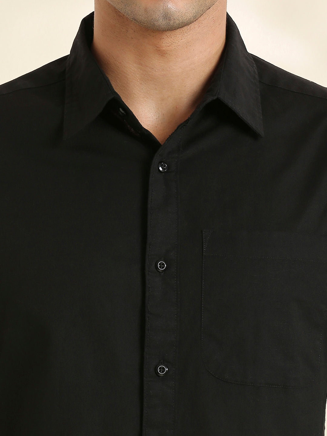 Men Cotton Linen 1 Pocket Solid Color Regular Fit Smart Casual Shirt - Black