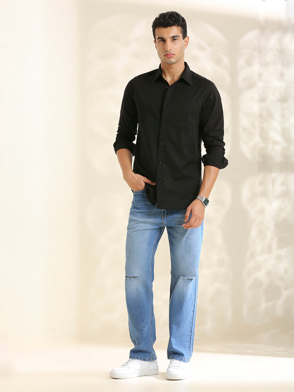 Men Cotton Linen 1 Pocket Solid Color Regular Fit Smart Casual Shirt - Black