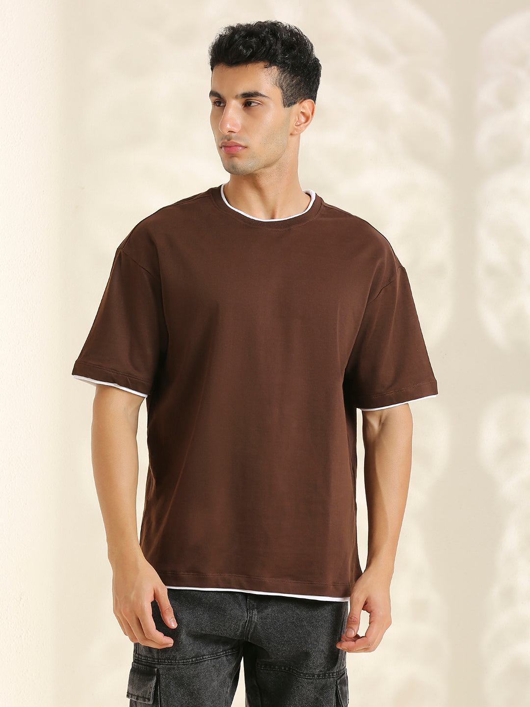 Men Coffee Brwon Oversize loose Fit Short Sleeve Cotton Looper T Shirt