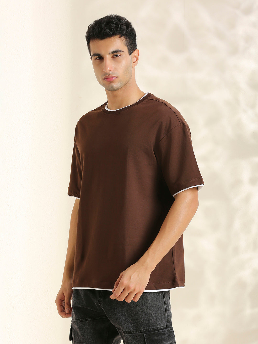 Men Coffee Brwon Oversize loose Fit Short Sleeve Cotton Looper T Shirt