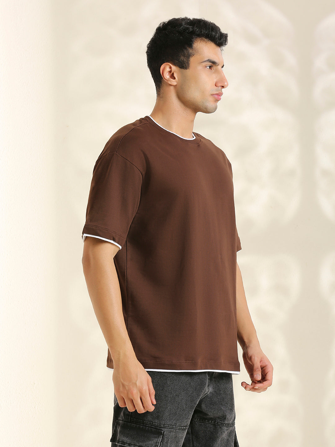 Men Coffee Brwon Oversize loose Fit Short Sleeve Cotton Looper T Shirt