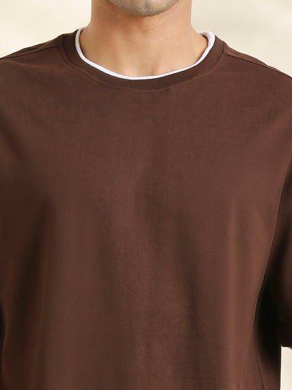 Men Coffee Brwon Oversize loose Fit Short Sleeve Cotton Looper T Shirt