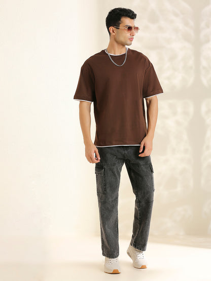 Men Coffee Brwon Oversize loose Fit Short Sleeve Cotton Looper T Shirt