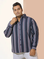 Men Cotton Stripe 1 Pocket Regular Fit Smart Casual Shirt - NavyRed