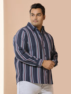 Men Cotton Stripe 1 Pocket Regular Fit Smart Casual Shirt - NavyRed