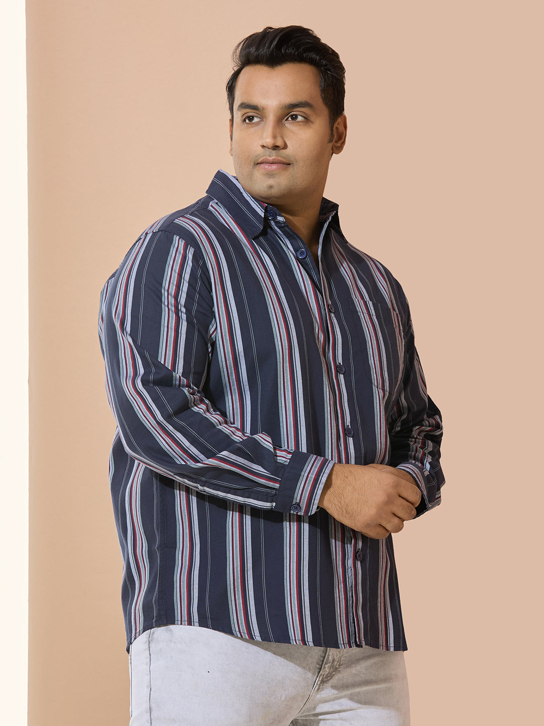 Men Cotton Stripe 1 Pocket Regular Fit Smart Casual Shirt - NavyRed