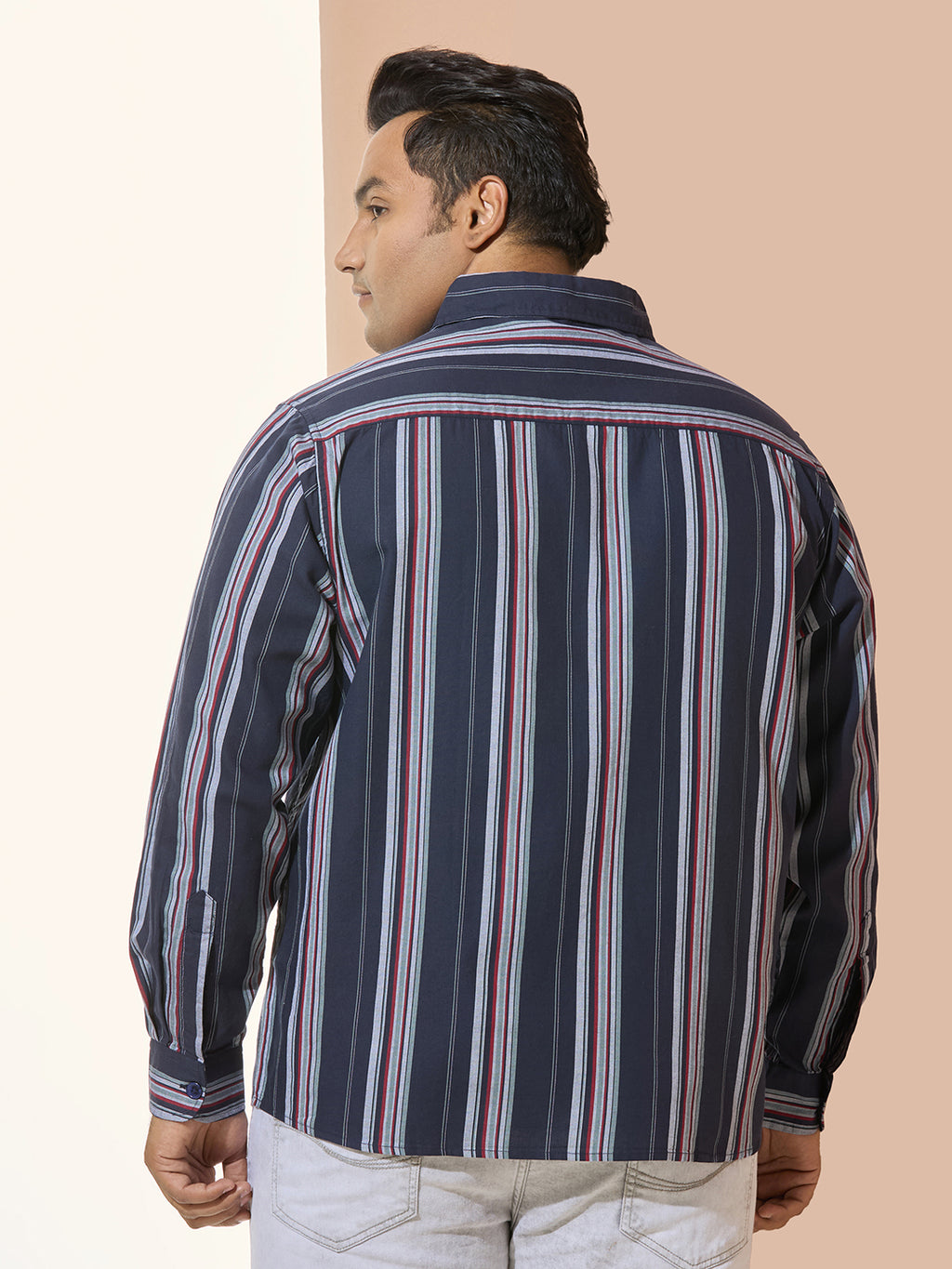 Men Cotton Stripe 1 Pocket Regular Fit Smart Casual Shirt - NavyRed