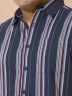 Men Cotton Stripe 1 Pocket Regular Fit Smart Casual Shirt - NavyRed