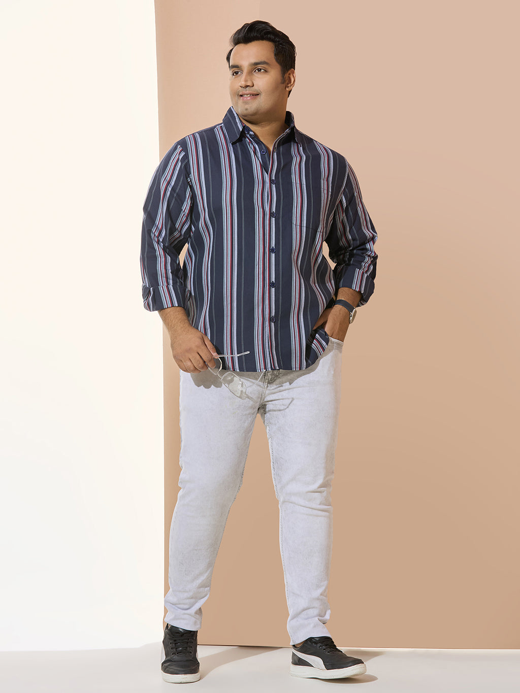 Men Cotton Stripe 1 Pocket Regular Fit Smart Casual Shirt - NavyRed