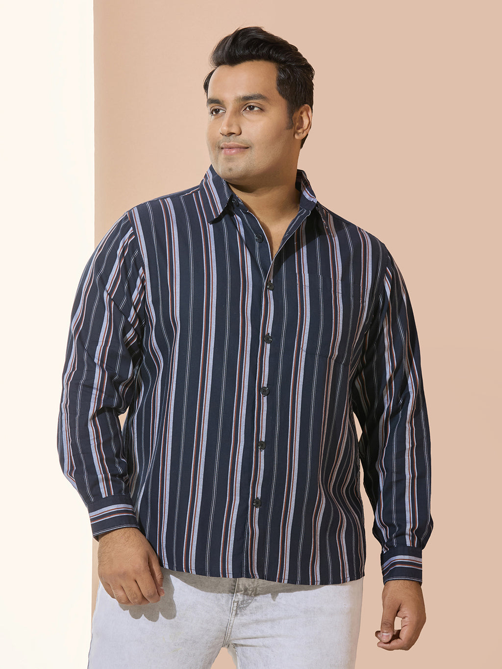 Men Cotton Stripe 1 Pocket Regular Fit Smart Casual Shirt - Orange