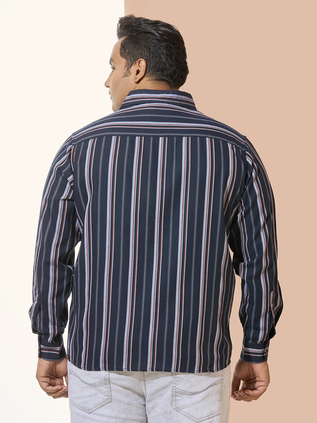 Men Cotton Stripe 1 Pocket Regular Fit Smart Casual Shirt - Orange