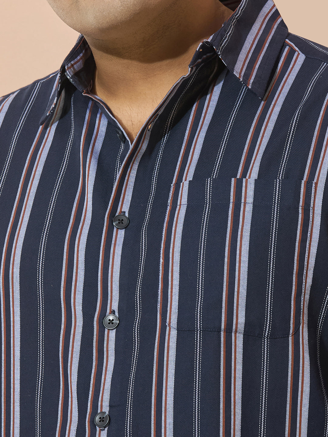 Men Cotton Stripe 1 Pocket Regular Fit Smart Casual Shirt - Orange