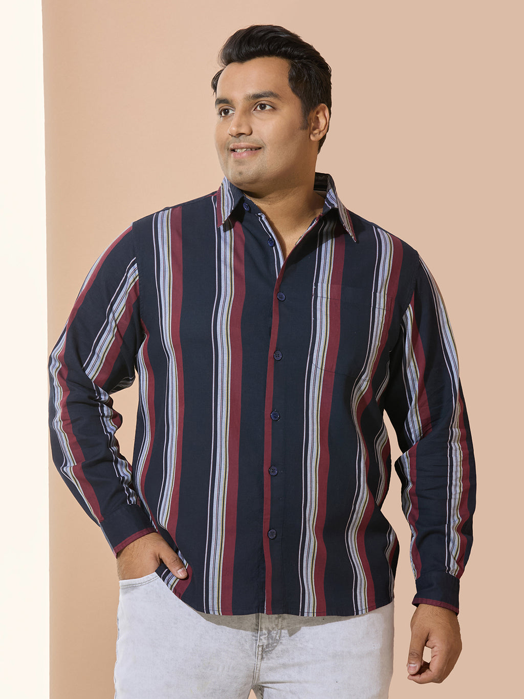 Men Cotton Stripe 1 Pocket Regular Fit Smart Casual Shirt - RedYellow