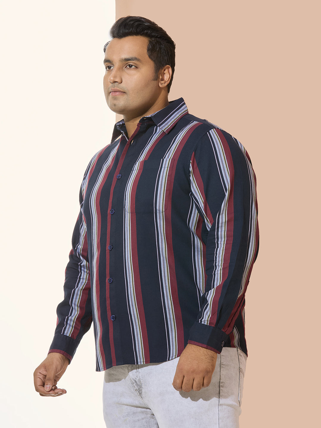 Men Cotton Stripe 1 Pocket Regular Fit Smart Casual Shirt - RedYellow