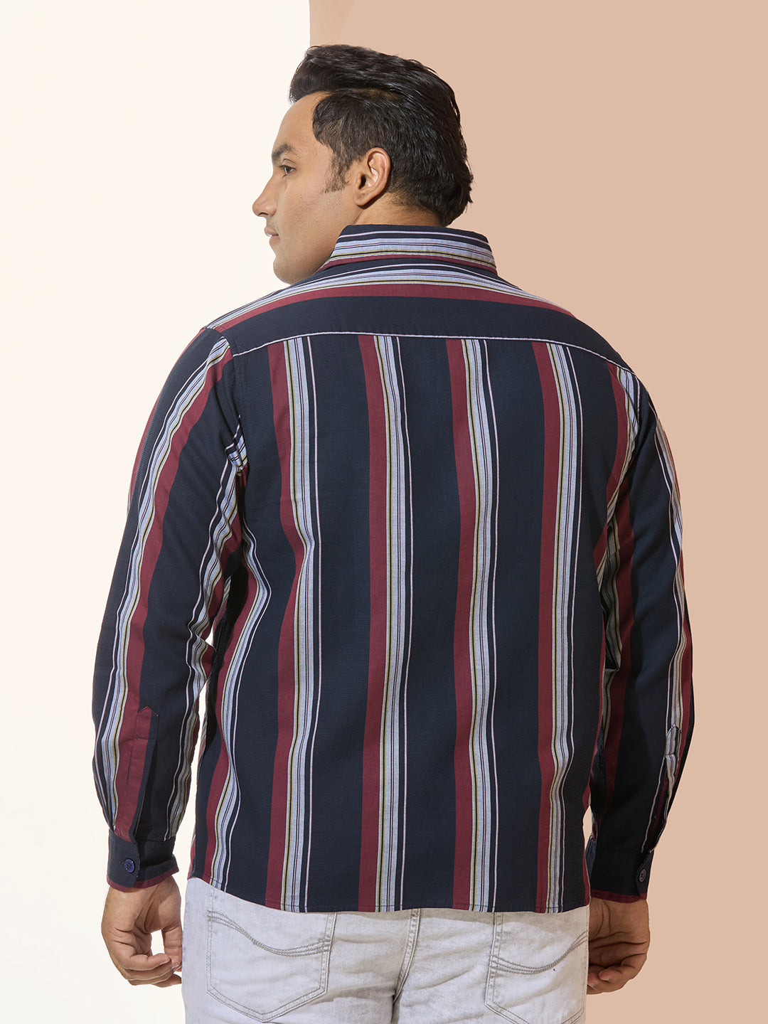 Men Cotton Stripe 1 Pocket Regular Fit Smart Casual Shirt - RedYellow