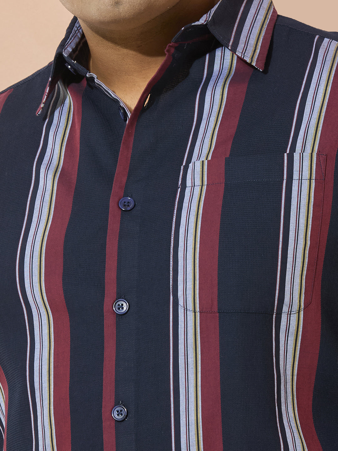 Men Cotton Stripe 1 Pocket Regular Fit Smart Casual Shirt - RedYellow