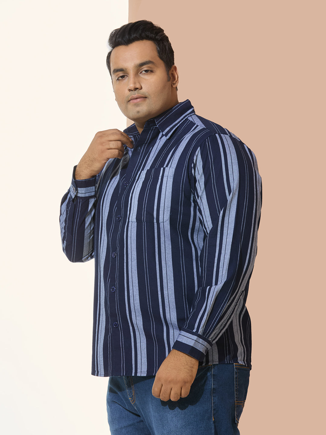 Men Cotton Stripe 1 Pocket Regular Fit Smart Casual Shirt - NavyGrey