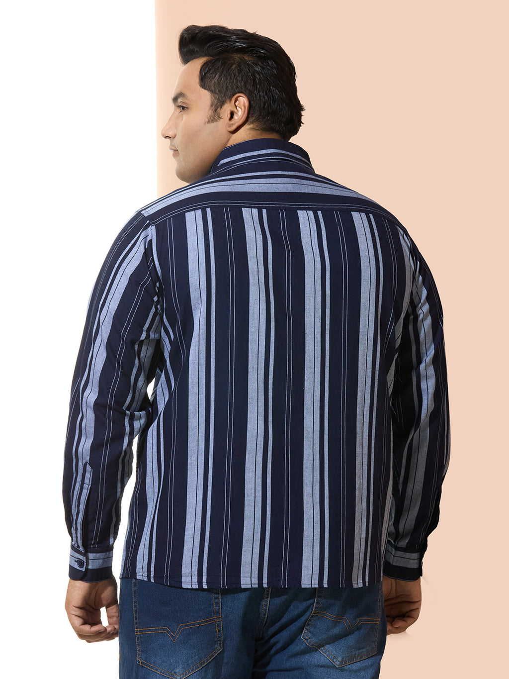 Men Cotton Stripe 1 Pocket Regular Fit Smart Casual Shirt - NavyGrey