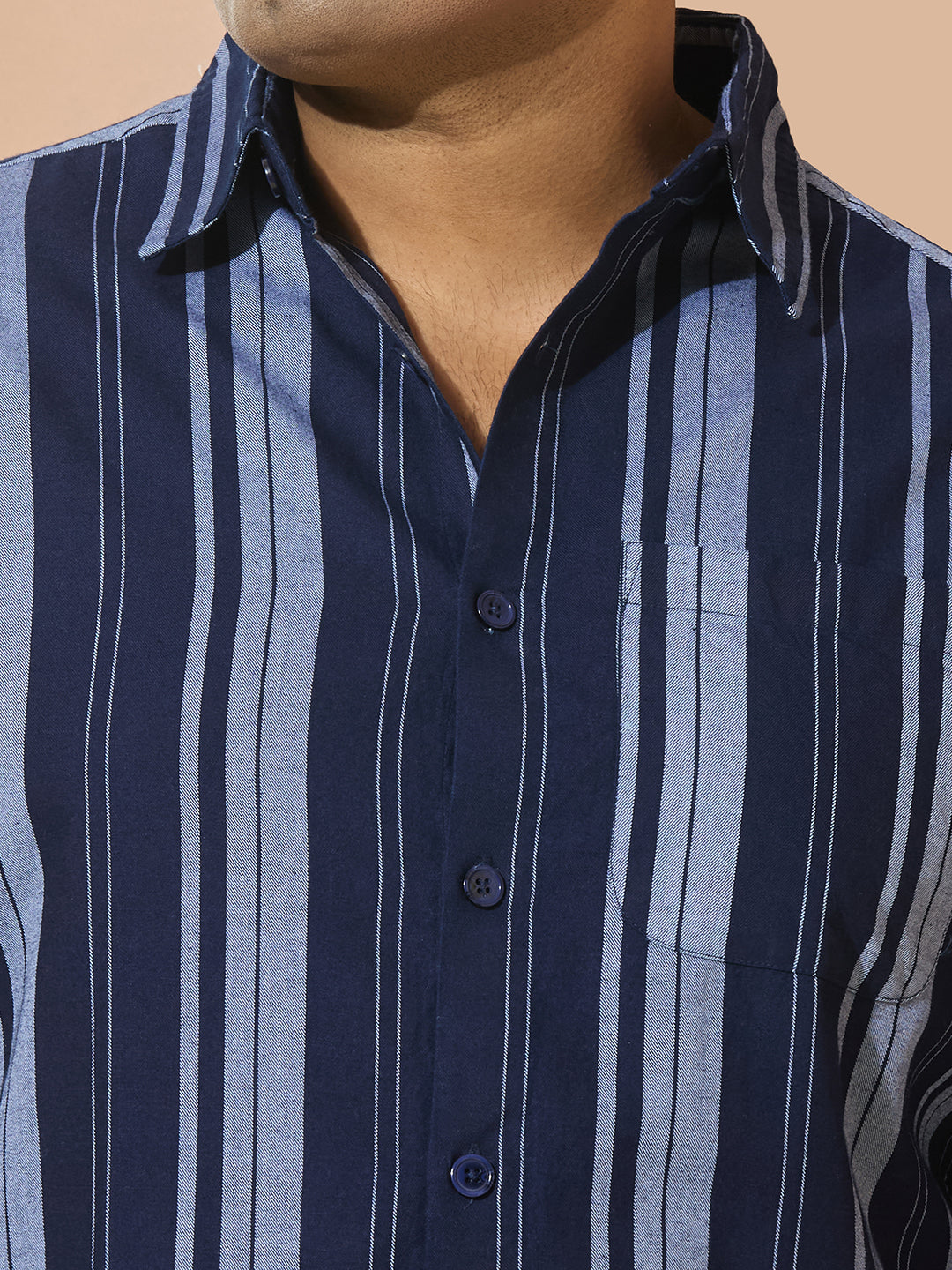 Men Cotton Stripe 1 Pocket Regular Fit Smart Casual Shirt - NavyGrey