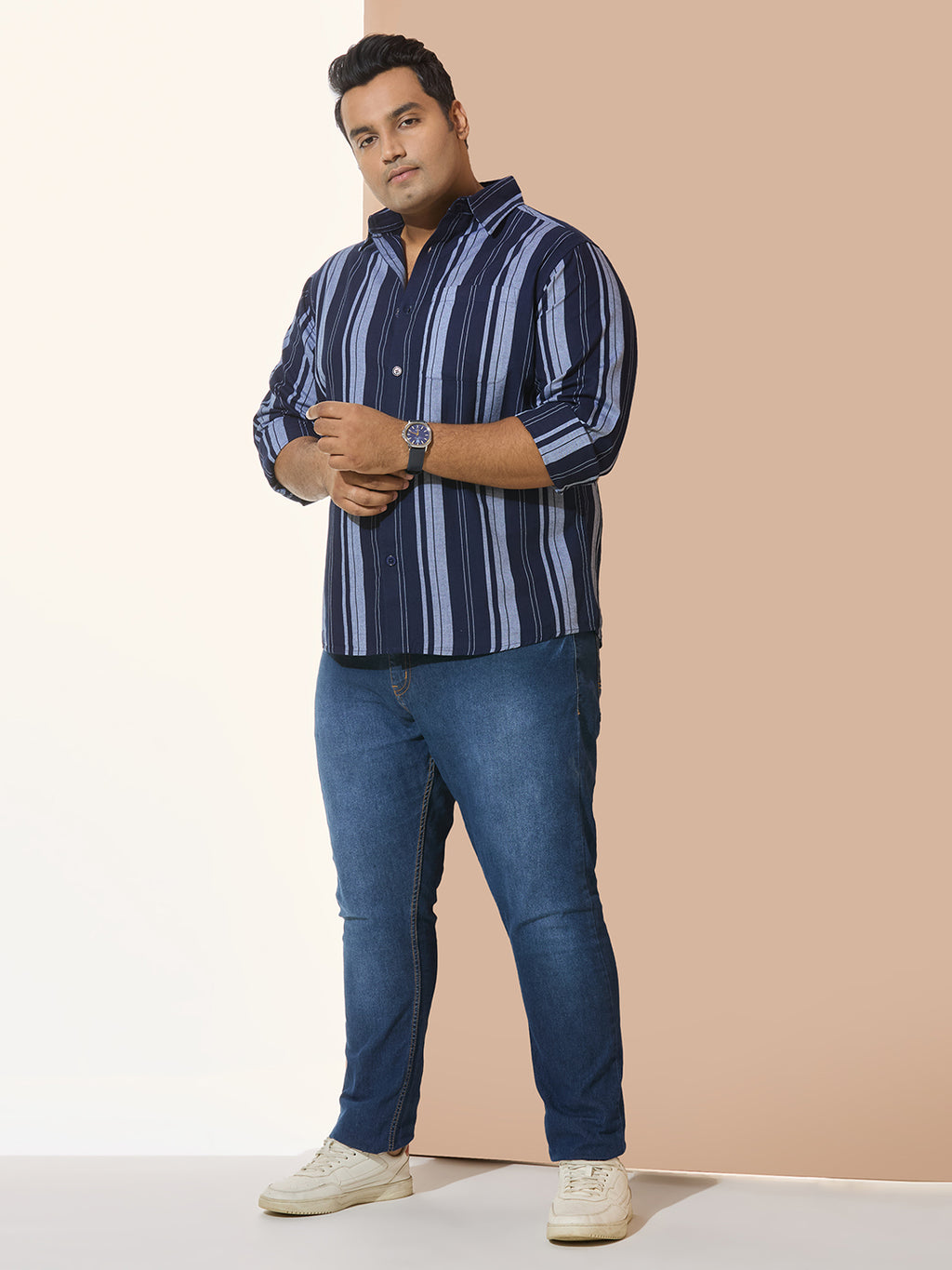 Men Cotton Stripe 1 Pocket Regular Fit Smart Casual Shirt - NavyGrey