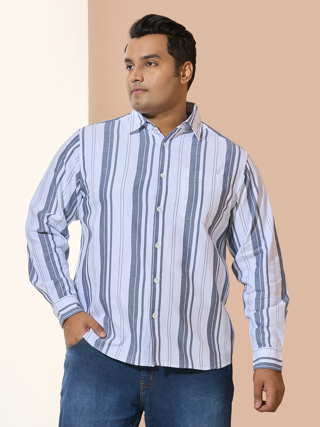 Men Cotton Stripe 1 Pocket Regular Fit Smart Casual Shirt - WhiteGrey