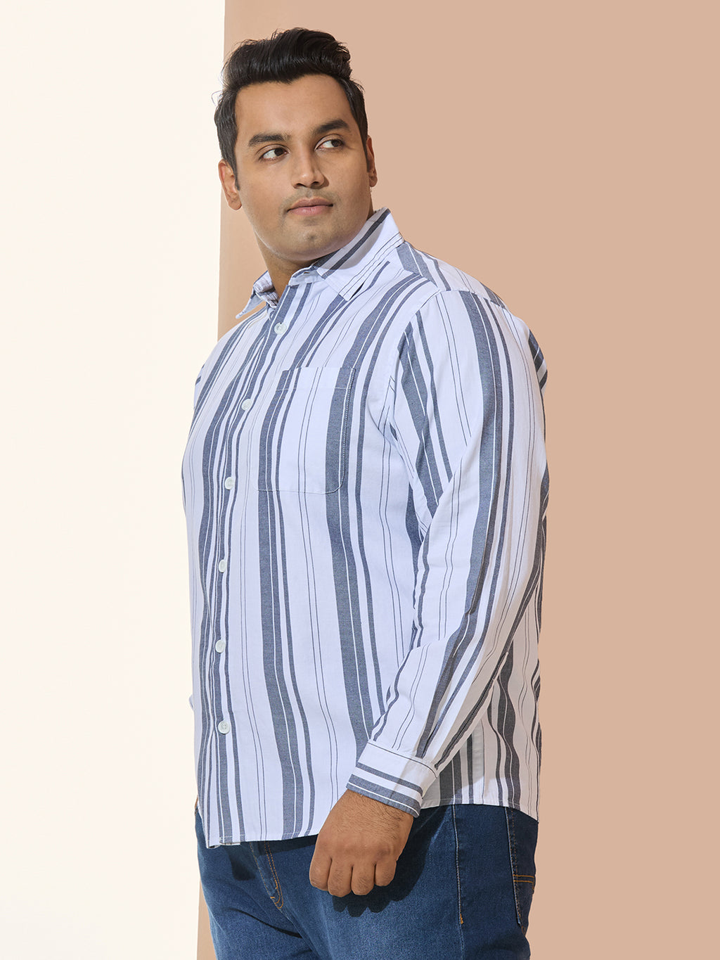 Men Cotton Stripe 1 Pocket Regular Fit Smart Casual Shirt - WhiteGrey