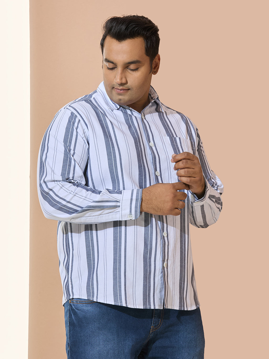 Men Cotton Stripe 1 Pocket Regular Fit Smart Casual Shirt - WhiteGrey