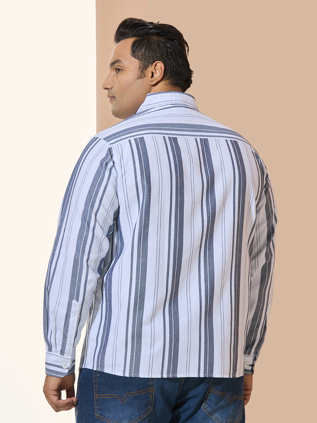 Men Cotton Stripe 1 Pocket Regular Fit Smart Casual Shirt - WhiteGrey